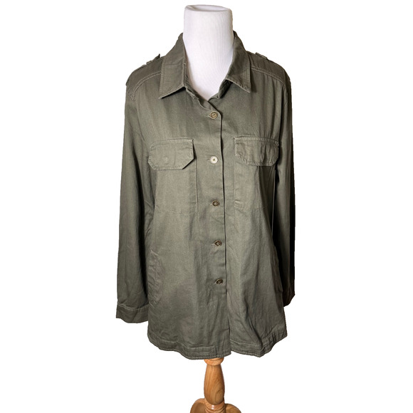 Adam Levine Women’s Olive Green Utility Shirt M Long Sleeve Epaulettes Pockets - Picture 1 of 16